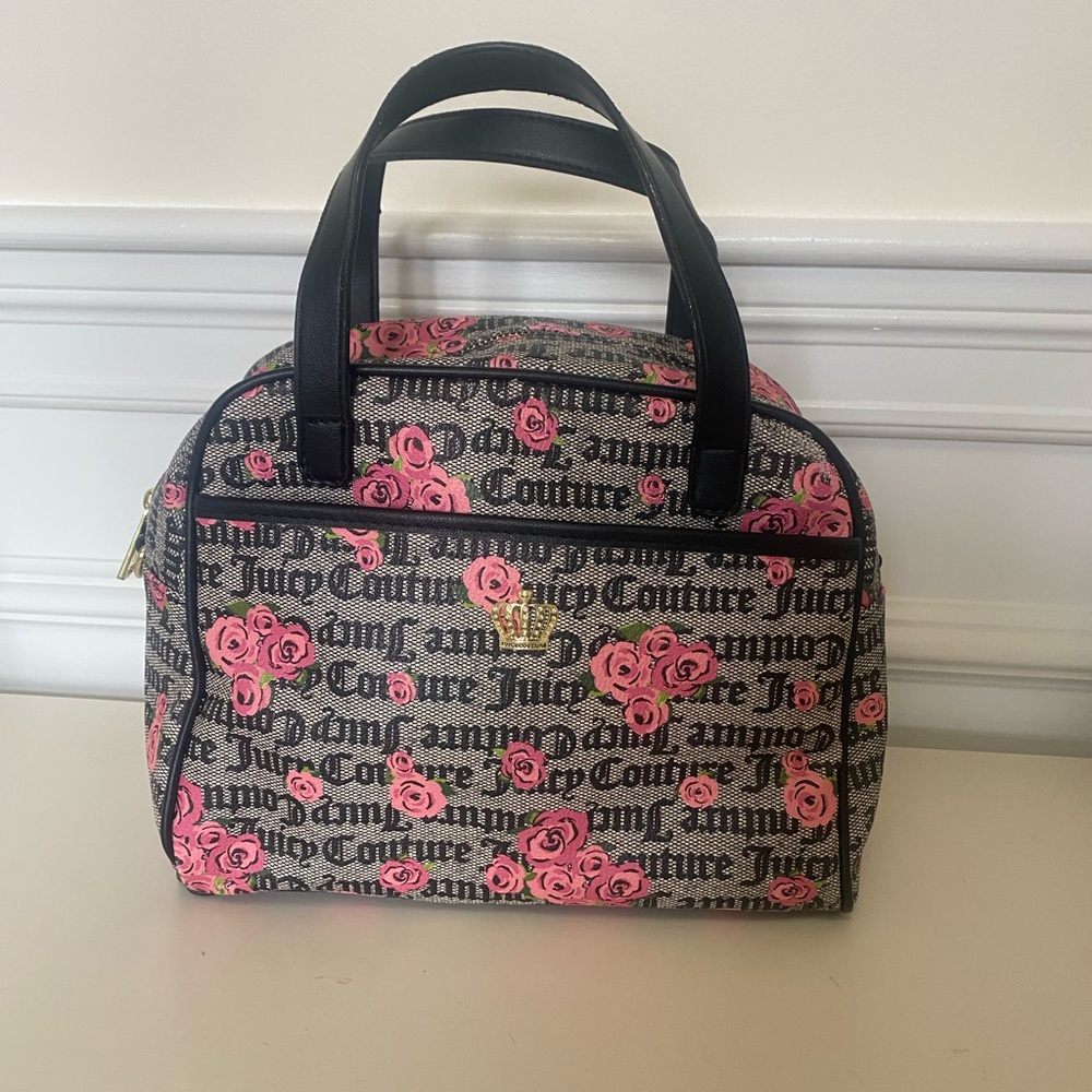 Juicy Couture Charcoal and Pink Floral Satchel with Structured Design